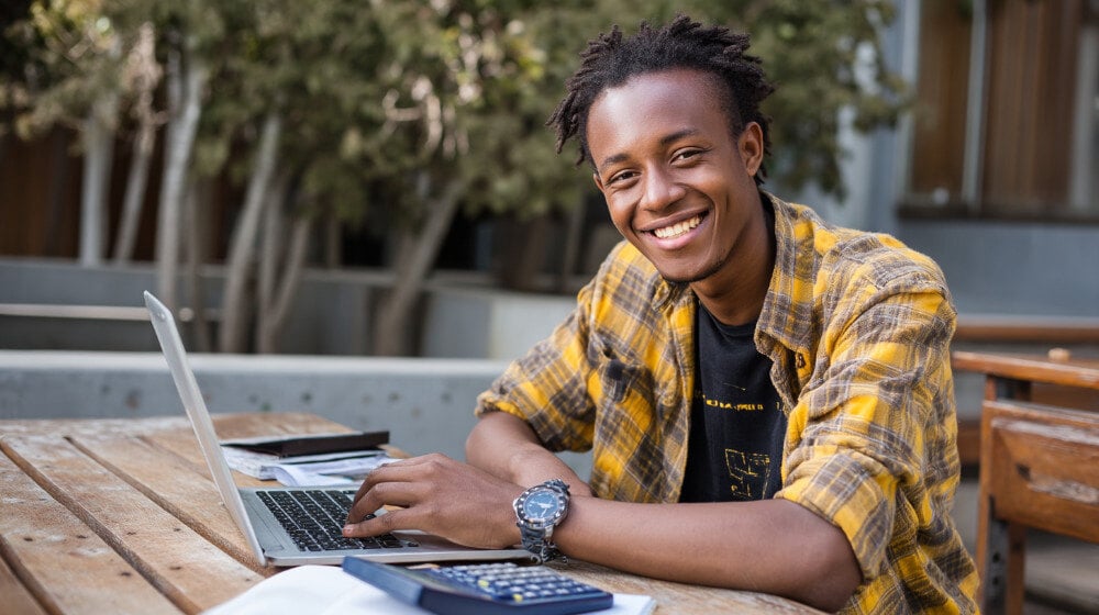 College student calculating his GPA on a computer on campus